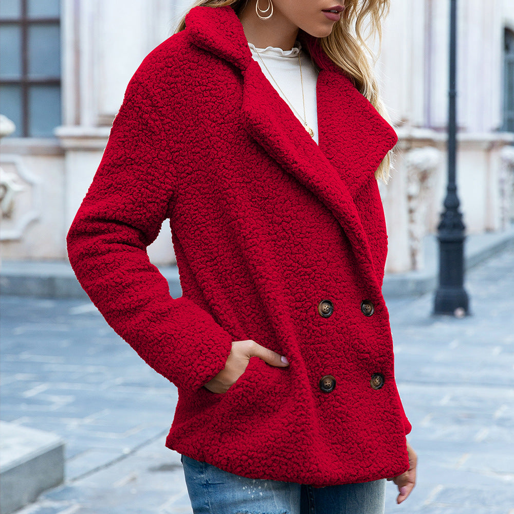 Fluffy winter jacket with loose lapels and buttons