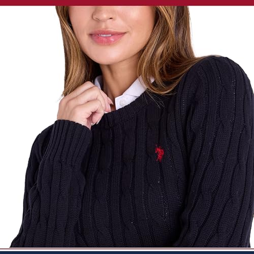 U.S. Polo Assn. Damen Pullover mit Rundhalsausschnitt, Raglan, Zopfmuster, gestreift, Schwarz