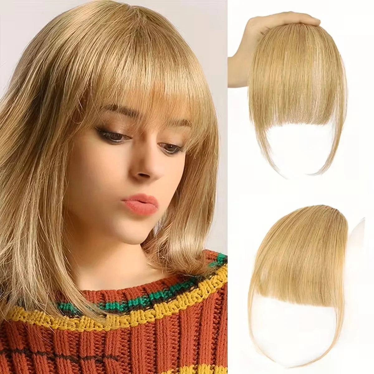 Human Hair Wispy French Bangs with Temples,Curved Fringe Hair Accessories,Clip in Air Bangs,Kawaii Hairpieces Quick Hair Change
