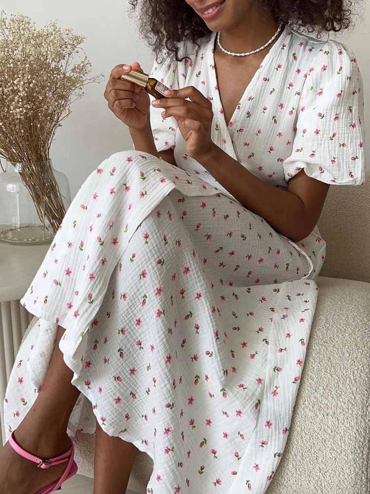 Freizeit-Sommerkleider für Damen, 100 % Baumwolle, Blumenmuster, A-Linien-Midikleid mit Seitenschlitzen, langes elegantes weißes Kleid für Damen 2025
