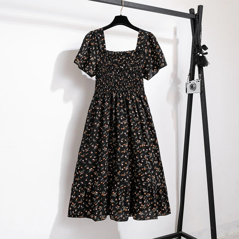 Frühling Sommer Chiffonkleid Damen Midikleider Damen Kurzarm Elastische Taille Bedruckt Geblümt Plissiert Rückenfrei Freizeitkleid