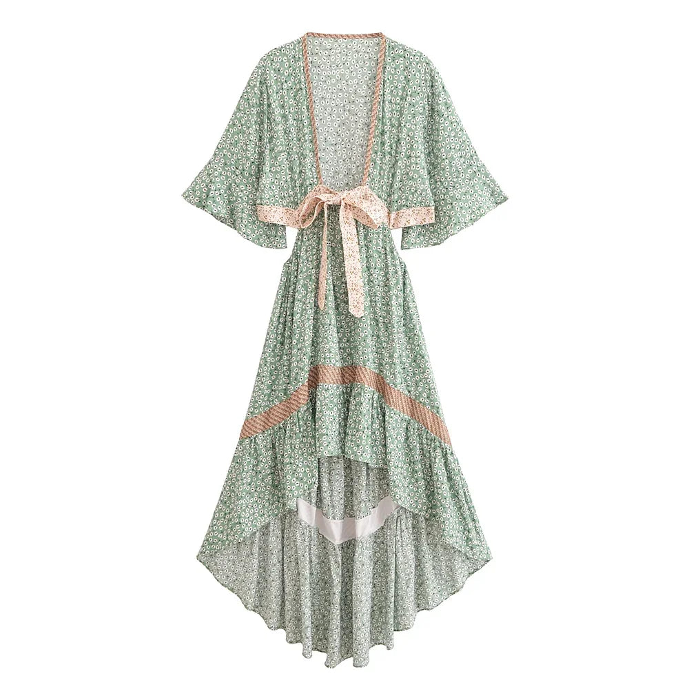 Boho Queens Women Hollow Out Sexy Beach Dress Bohemian Lady Short Sleeve High-Low Rayon Summer Boho Dresses Robe
