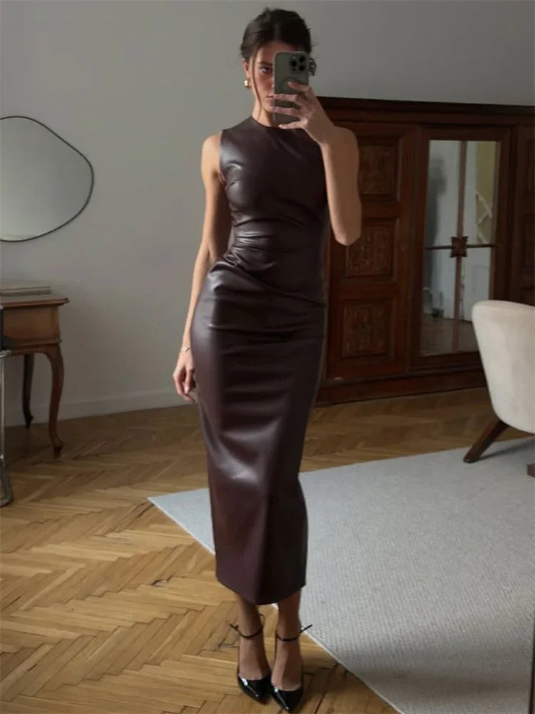 Tossy PU Sexy Fashion Maxikleid für Damen Hohe Taille Ärmellos Schmale Passform Patchwork Einfarbig Eng Anliegend Streetwear Damen Bodycon Kleid Neu