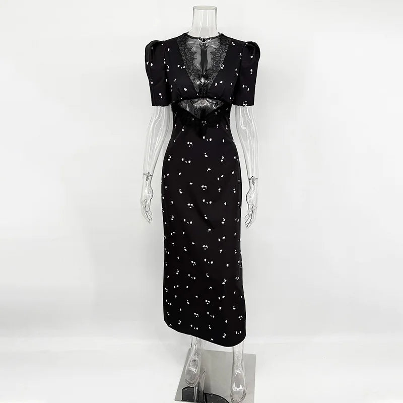 TARUXY Sexy Hohlspitze Kleid Damenmode Kurzarm Elegant Hohe Taille Schmal geschnittenes Druckkleid Sommer Party Club Kleidung Weiblich