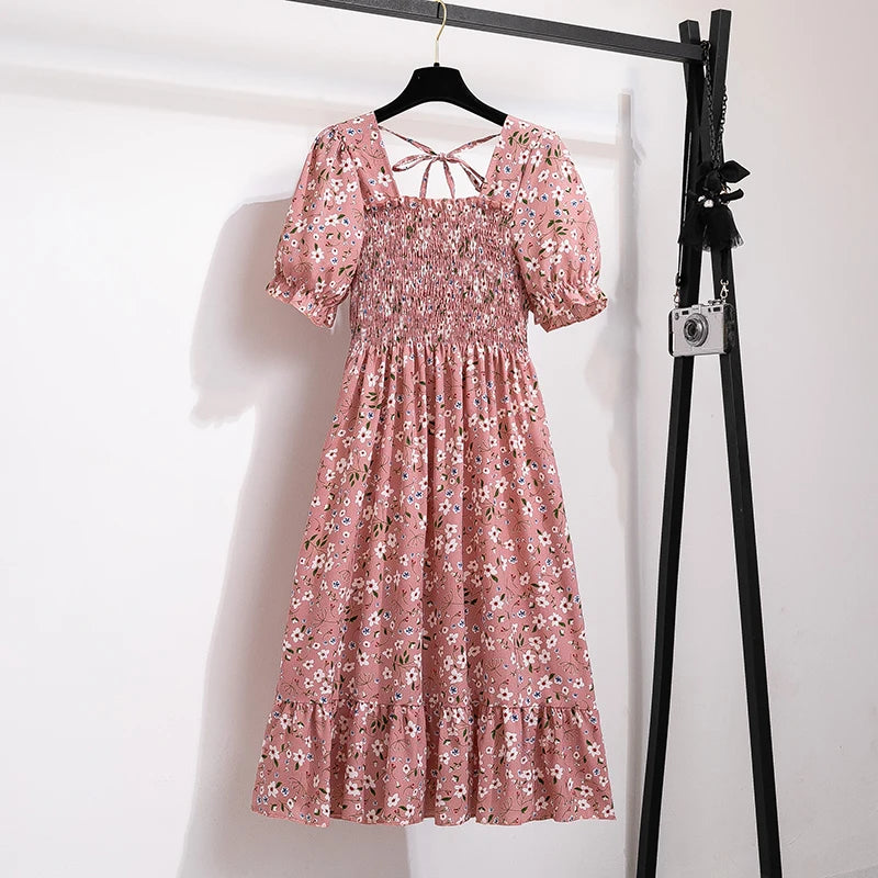 Frühling Sommer Chiffonkleider Mode Damen Elastische Taille Kurzarm Plissiertes Freizeitkleid Damen A-Linien Kleider Vestidos