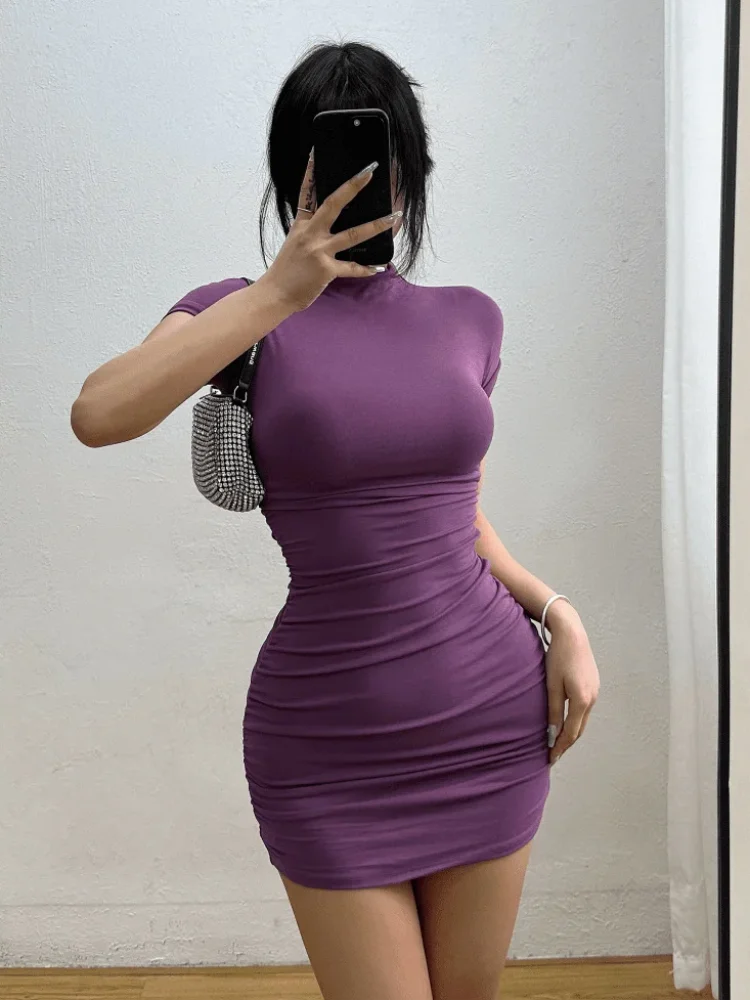 Sexy Enges Halbhoher Kragen Plissierte Taille Minikleid Scharfe Mädchen Schmale Kleider Bodycon Damen Vestidos Cortos Party Mujer Kleidung