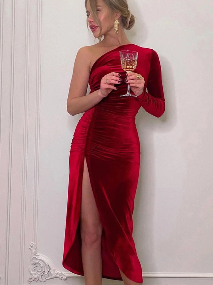 Elegantes Damen-Samt-Bodycon-Midi-Bleistiftkleid mit langen Ärmeln und Schlitz für Party, Abend, Frühling und Herbst