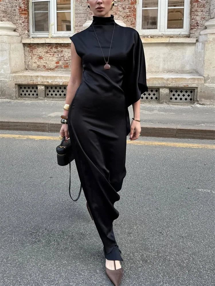 Tossy Casual Sleeveless Satin Maxi Dress Female Turtleneck Patchwork Slim Fashion Solid Commute Dress For Women Long Dress 2025