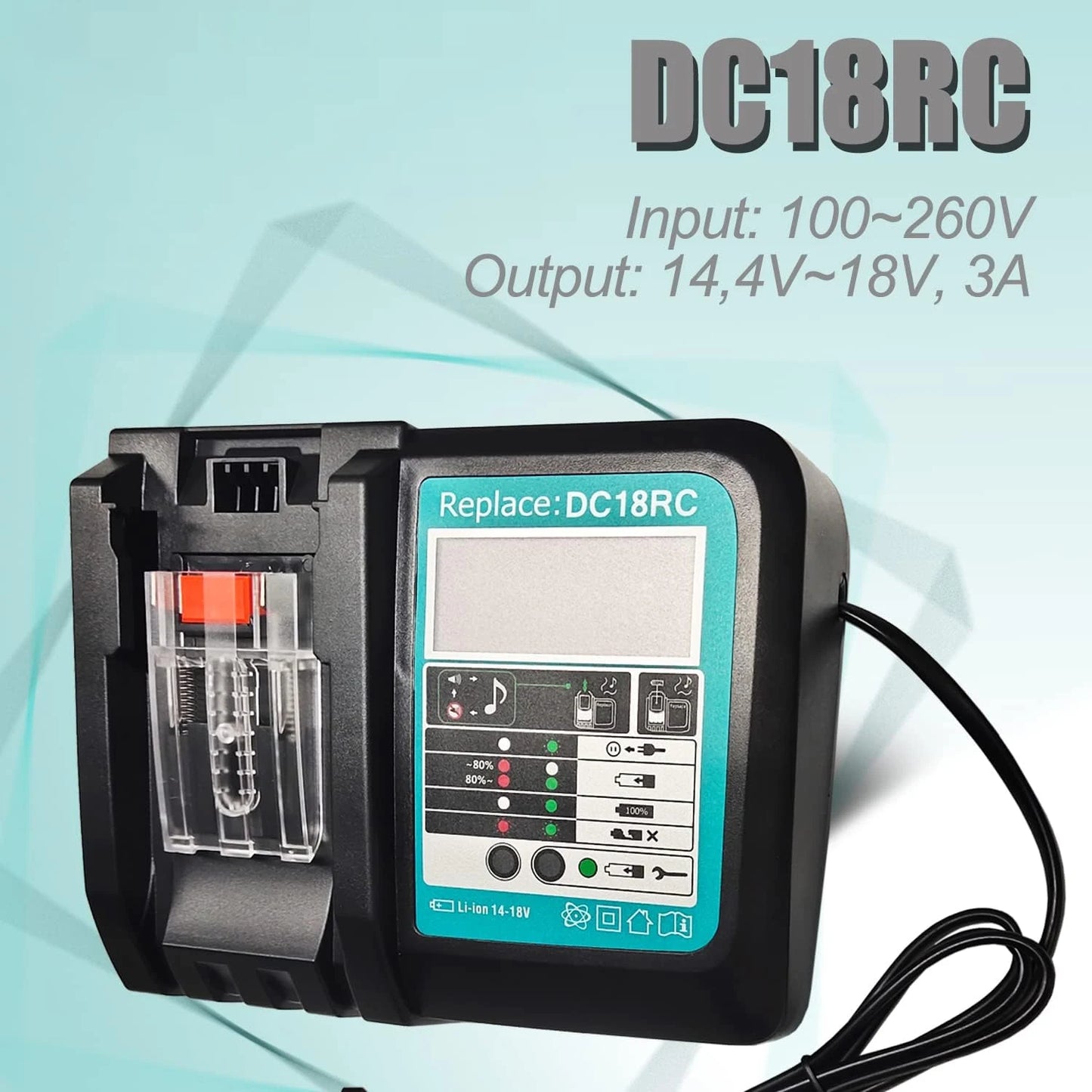 Ersatz für Makita 14.4V - 18V Schnellladegerät DC18RC für Makita Li-Ionen-Akku BL1860 BL1850 3.0 A mit LED-Anzeige
