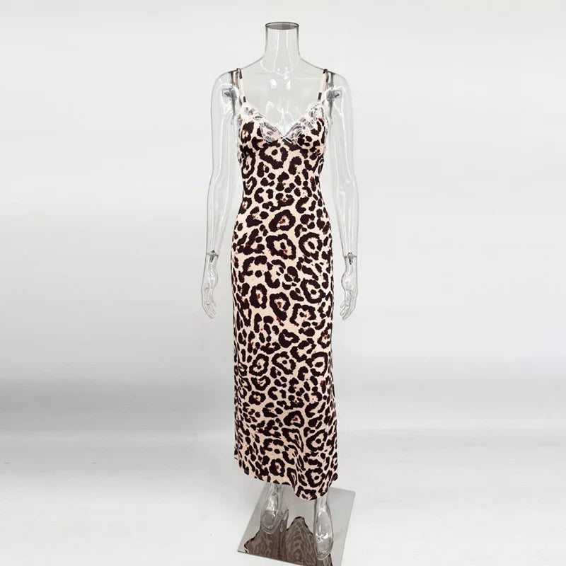 Lace V-Neck Patchwork Maxi Dress Women Backless High Waist Slim Spaghetti Contrast Party Dress Female Spring Long Dress Hot Sale