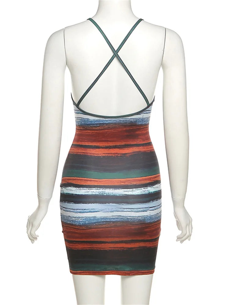 Kliou Gestreifte Minikleider mit Paneelen Ästhetische Damen Sexy Enges Neckholder-Top Rückenfrei Vintage Mitternachts-Clubwear-Outfits