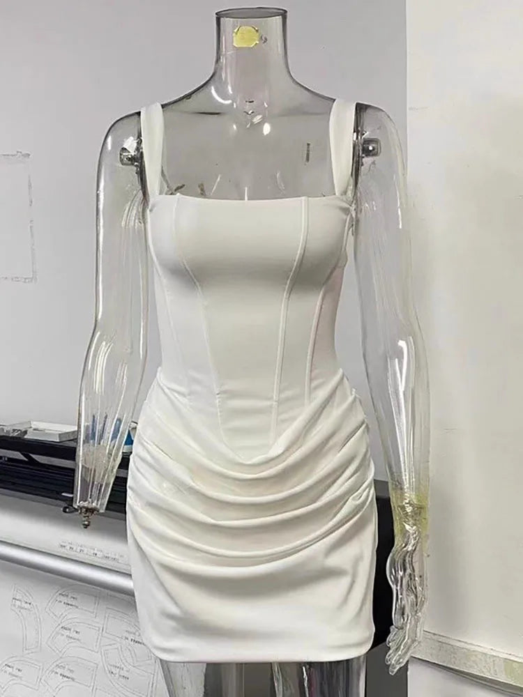 Mozision Rückenfreies Gerafftes Sexy Minikleid Damen Elegantes Kleid mit schmalen Trägern, eckigem Ausschnitt, ärmellos, hoher Taille für Club und Party