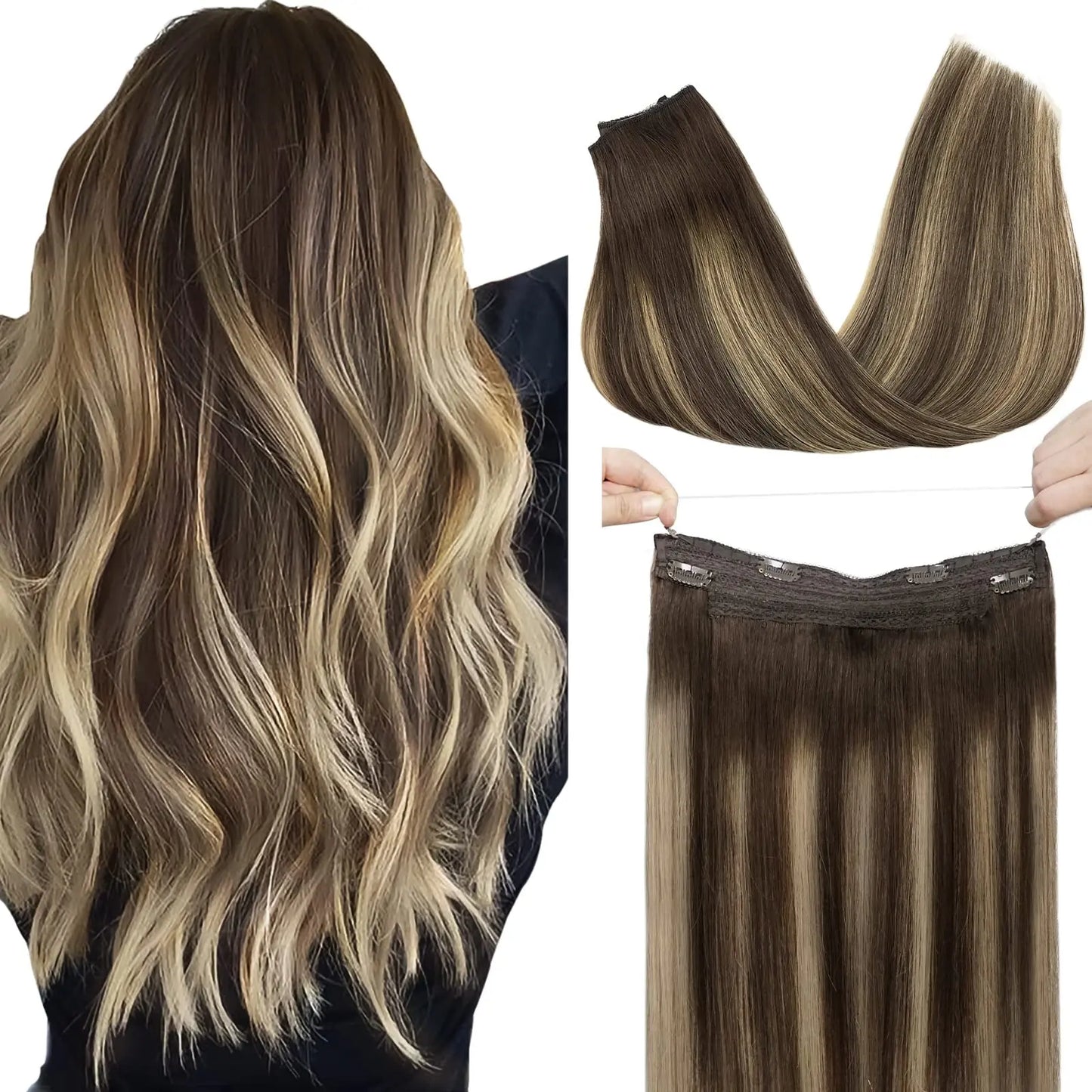 Sunmofavo Wire in Hair Extensions Human Hair Straight Fish Line Natural Fusion with 4 Clips Weft Hair Extensions For Women Daily