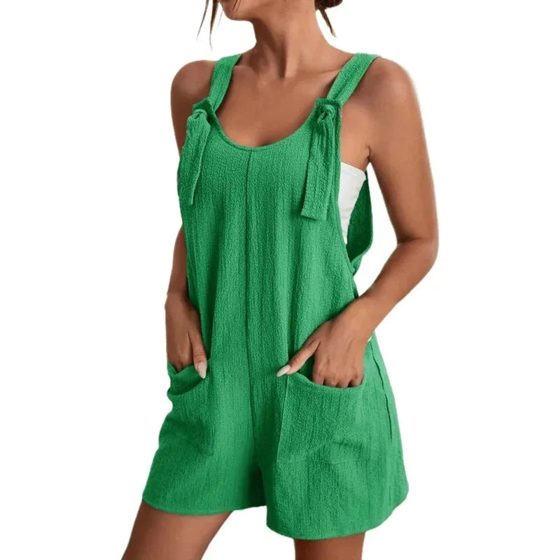 Damen Freizeit Sommer Kurze Playsuits Locker Overall Einfarbig Ärmellos Schnürung Weites Bein Hosen Tiefer Knoten Träger Jumpsuits mit Taschen