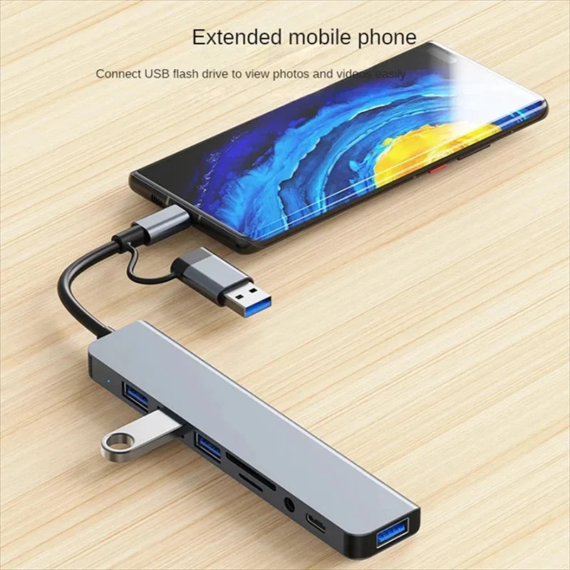 USB C Hub USB Splitter 8 in 1 USB Extender mit 4 USB-Ports, 1 USBC-Port, TF/SD-Kartenleser, Audioausgang, kompatibel mit MacBook