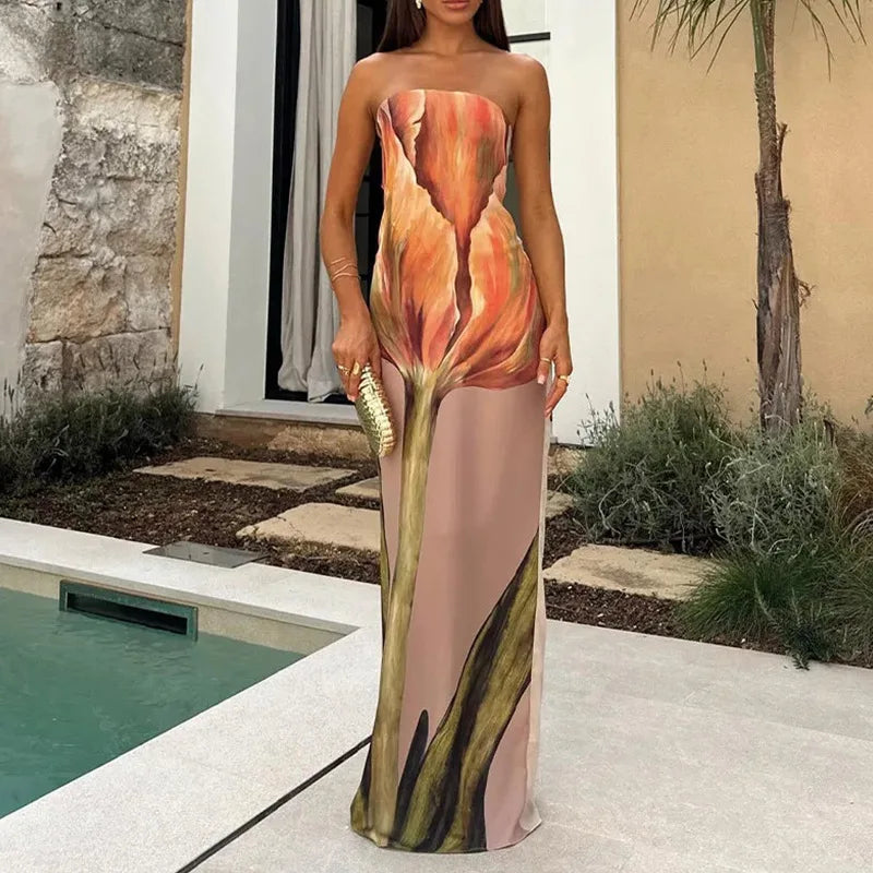 Sexy Trägerloses, rückenfreies bedrucktes langes Kleid Damenmode Ärmellos schulterfrei Vestidos 2024 Sommer Damen Party Abendroben