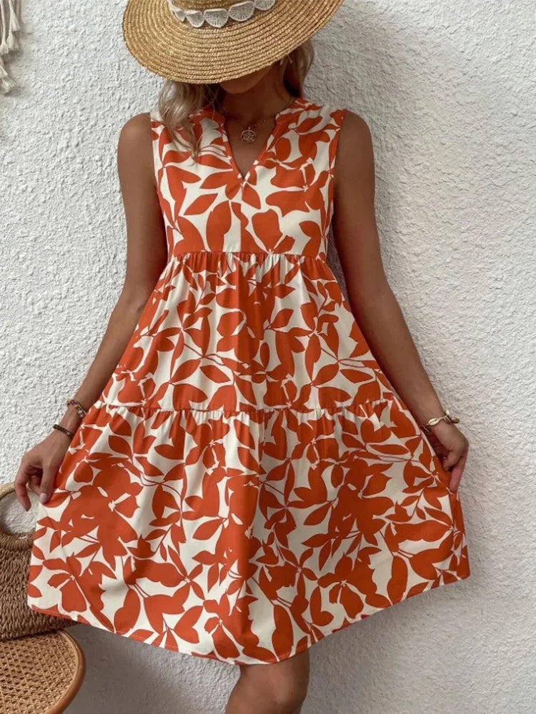 Damen Boho-Print Minikleid Sommer Elegant Ärmellos V-Ausschnitt Rüschen A-Linie Tank-Kleid Lässiges Lockeres Oversize Strandparty-Sommerkleid