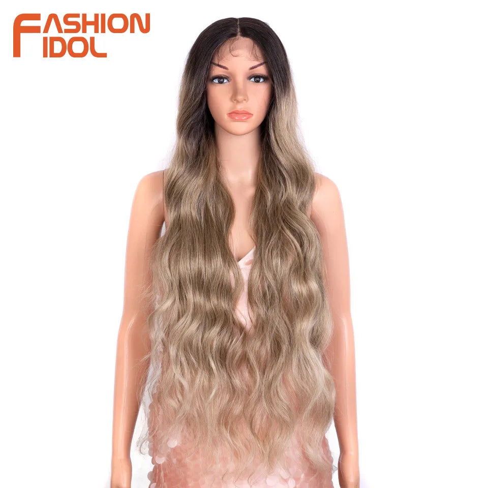 FASHION IDOL Synthetic Wig for Women Lace Front 36 Inch Wavy Long