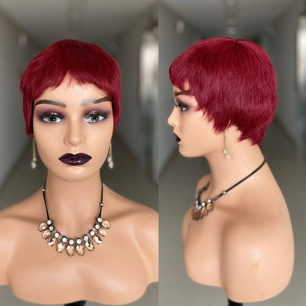 Short Straight Human Hair Wigs Natural Color Brazilian Remy Hair Pixie Cut Wig Human Hair Machine Wig For Black Women