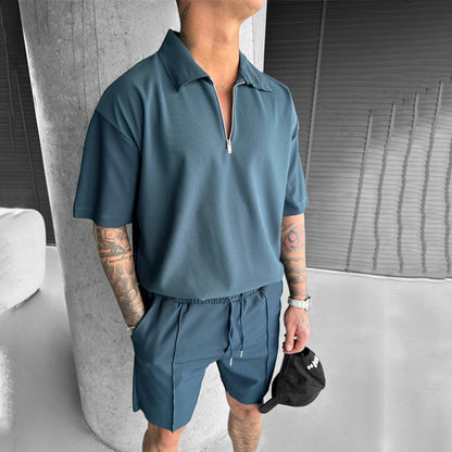 Casual Reißverschluss Kurzarm Kordelzug Poloshirt Shorts Set