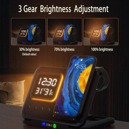 15W wireless charging station with 5-in-1 LED digital alarm clock and fast charging function
