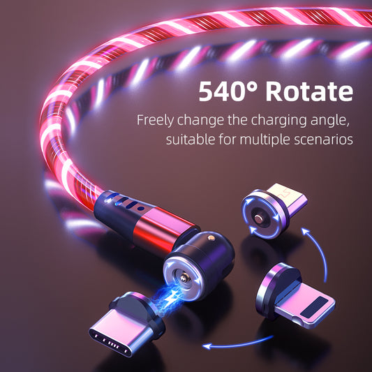 540° rotatable, illuminated magnetic cable, 3A fast charging cable for mobile phones with LED lighting, Micro-USB and Type-C connectors for iPhones
