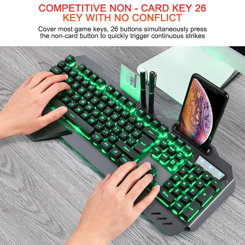 Ergonomic wired gaming keyboard with RGB backlighting and phone holder