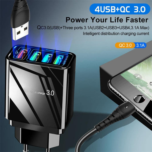 Illuminated 4-USB mobile phone charger with 3A charging port