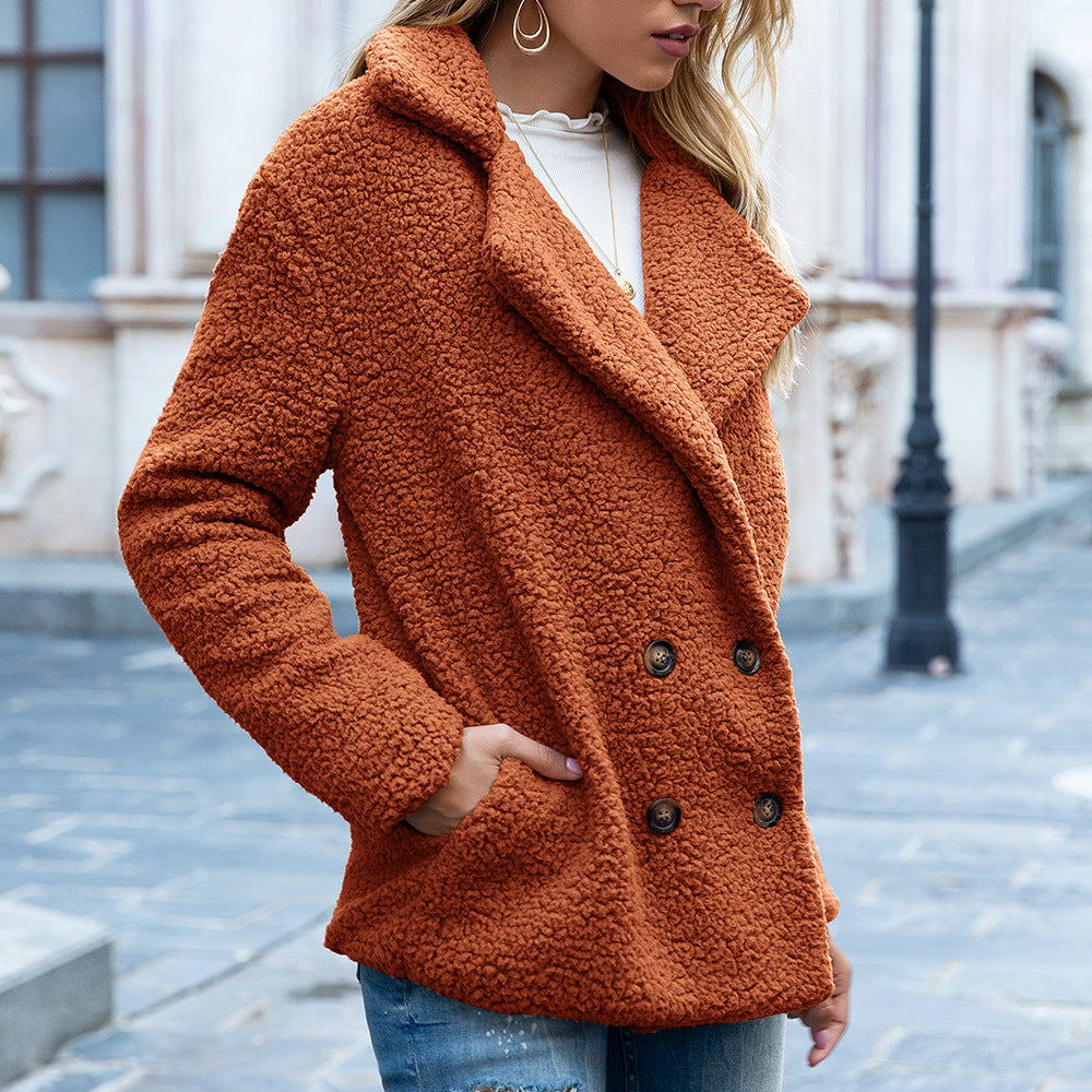 Fluffy winter jacket with loose lapels and buttons