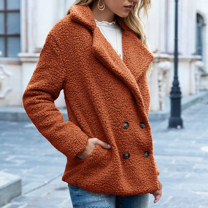 Fluffy winter jacket with loose lapels and buttons