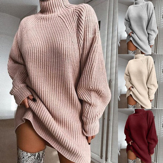 Long solid color turtleneck sweater, winter women's knit dress