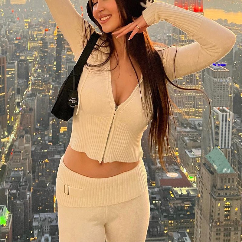 Reißverschluss Hoodie Hochtaillierte Lange Hose 2-Teiliges Set