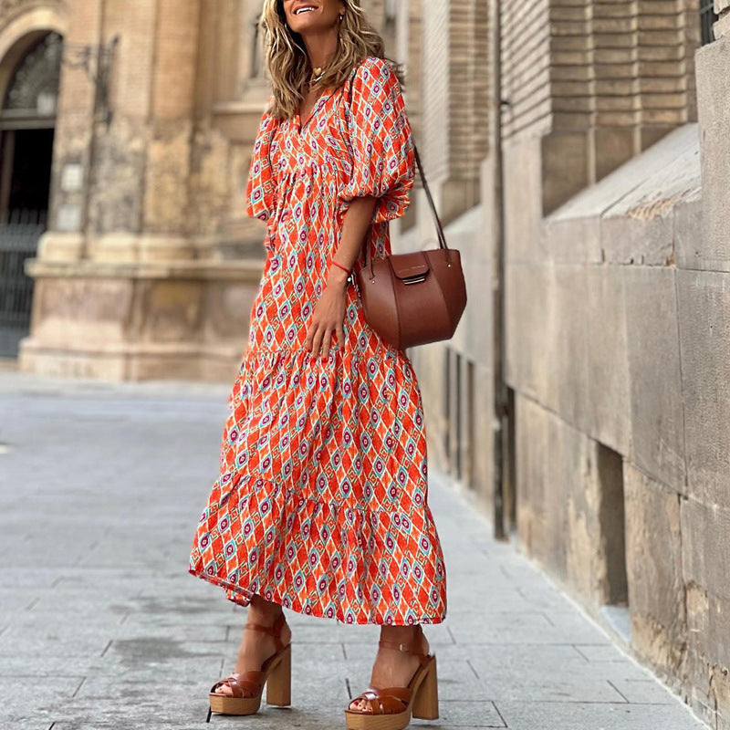 Vintage Print Boho Stil Elegant V-Ausschnitt Kleid