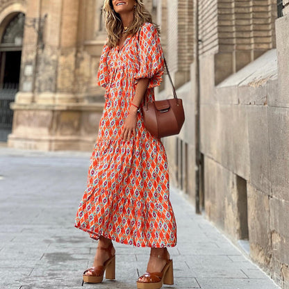 Vintage Print Boho Stil Elegant V-Ausschnitt Kleid