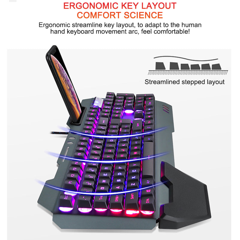 Ergonomic wired gaming keyboard with RGB backlighting and phone holder