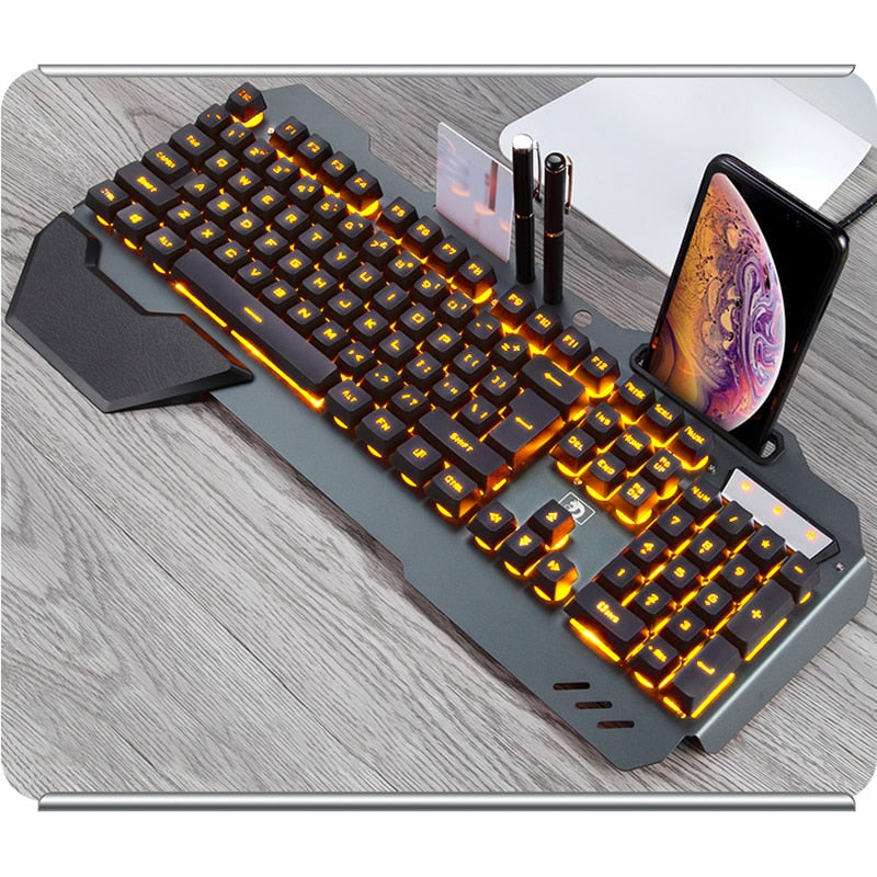 Ergonomic wired gaming keyboard with RGB backlighting and phone holder