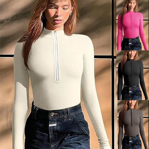 Fashionable bodysuit with long sleeves, zipper, seamless, figure-shaping, figure-flattering