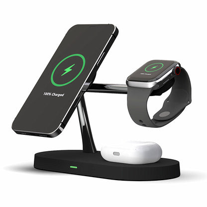 Multifunctional 5-in-1 charger with magnetic closure: wireless charging for smartwatches, headsets, mobile phones, and desktops. Includes 15W fast charging.