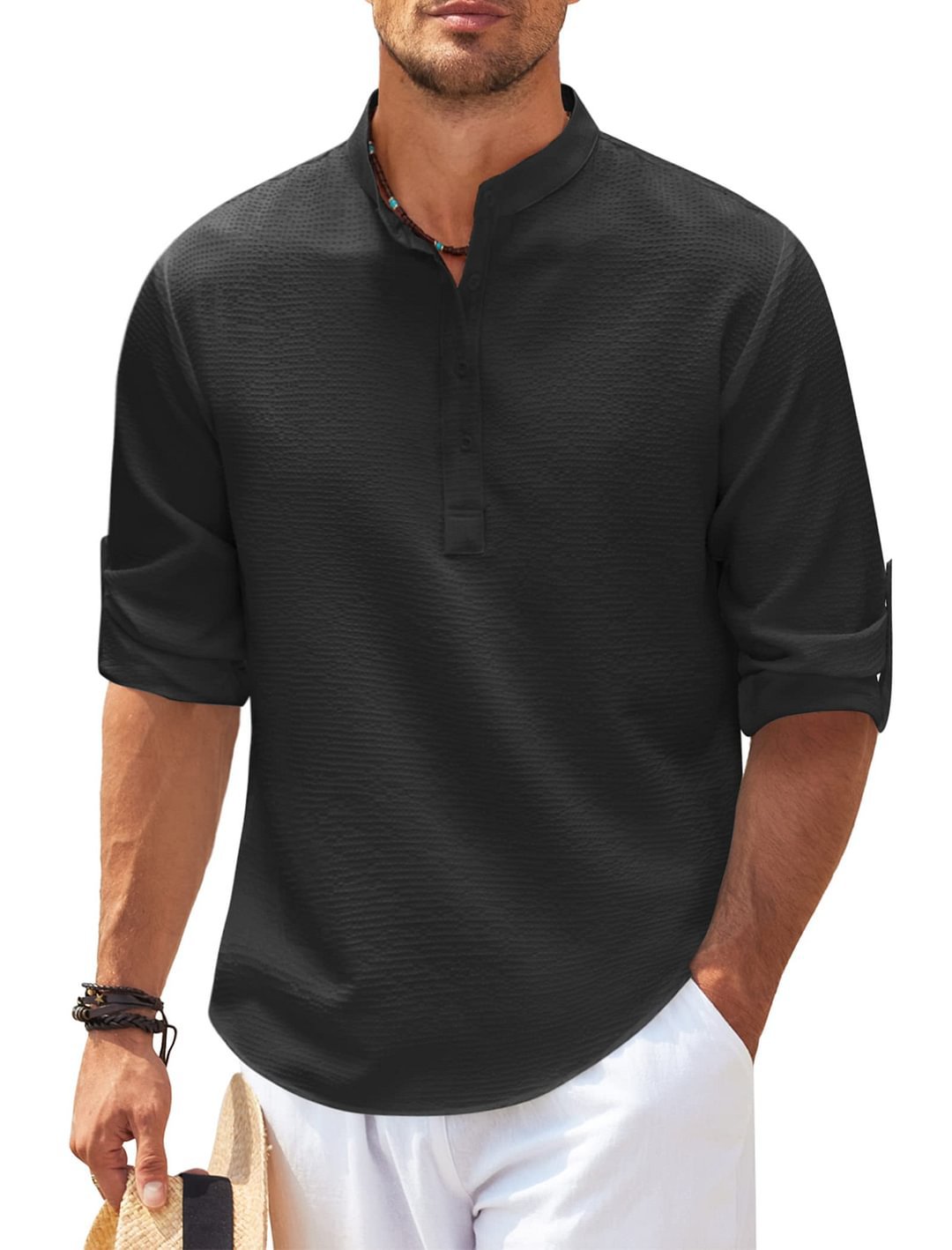 Casual long-sleeved stand-up collar plain shirt