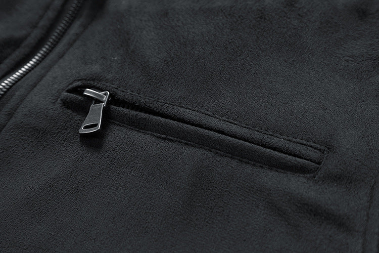 Stand-up collar, double zip pocket, suede jacket