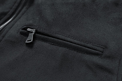 Stand-up collar, double zip pocket, suede jacket