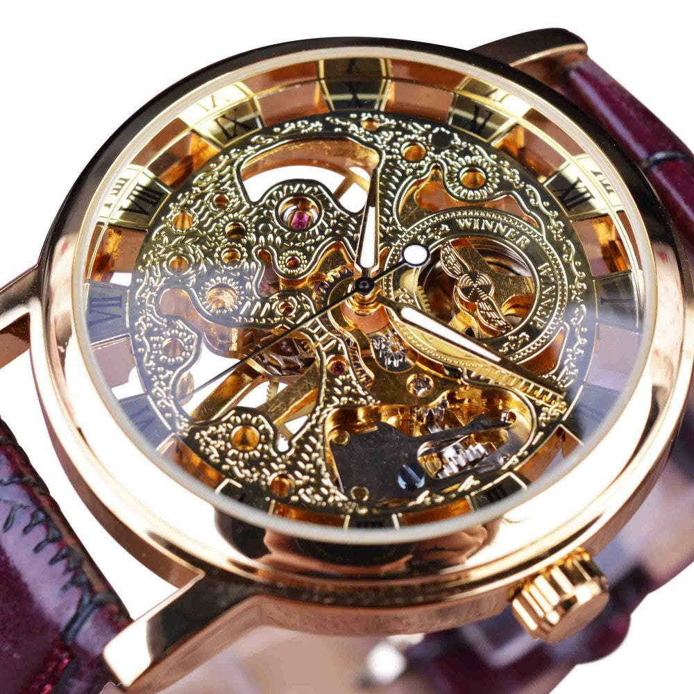 Golden Transparent Skeleton Retro Mechanische Herrenuhren