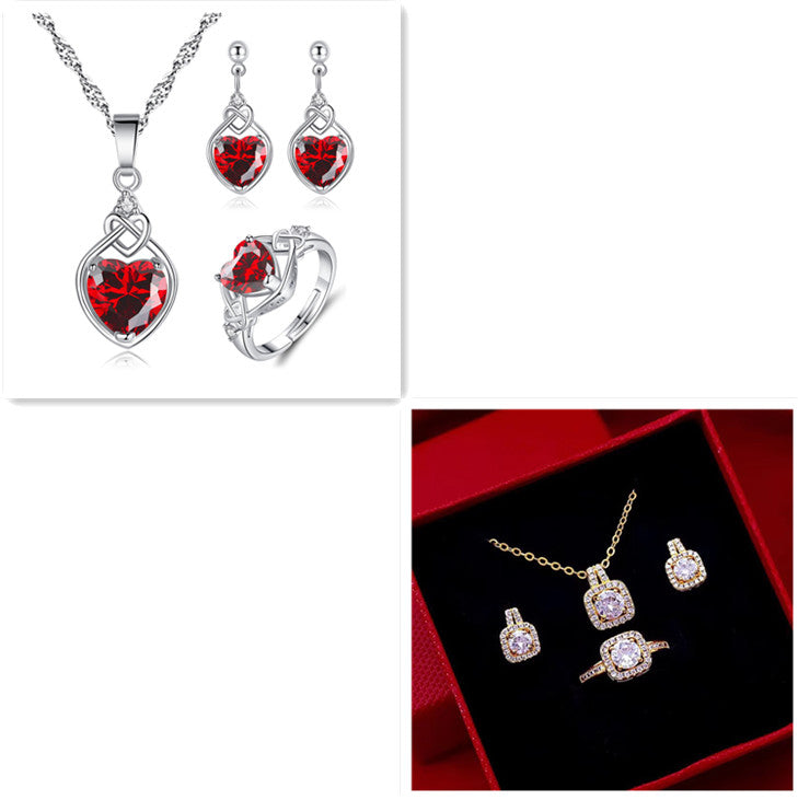 Fashion jewelry set: cubic zirconia pendant, choker necklace for women, gold-tone stud earrings, statement wedding ring
