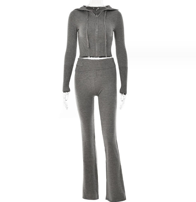Reißverschluss Hoodie Hochtaillierte Lange Hose 2-Teiliges Set