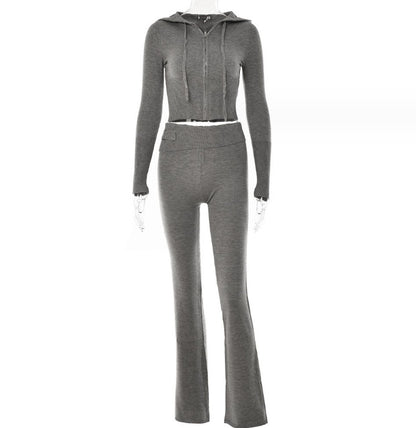 Reißverschluss Hoodie Hochtaillierte Lange Hose 2-Teiliges Set