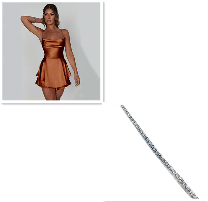 Elegant slim-fit satin dress, backless cut, lace-up A-line