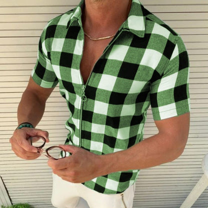 Checkered short-sleeved zip-up shirt