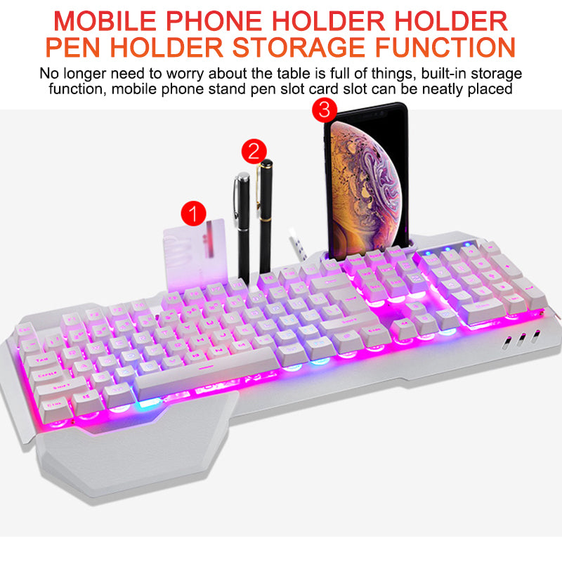 Ergonomic wired gaming keyboard with RGB backlighting and phone holder