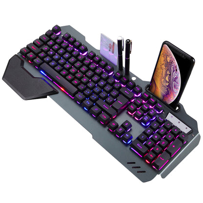 Ergonomic wired gaming keyboard with RGB backlighting and phone holder