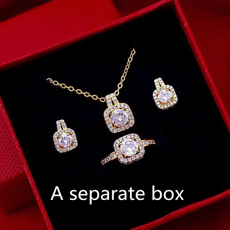 Fashion jewelry set: cubic zirconia pendant, choker necklace for women, gold-tone stud earrings, statement wedding ring